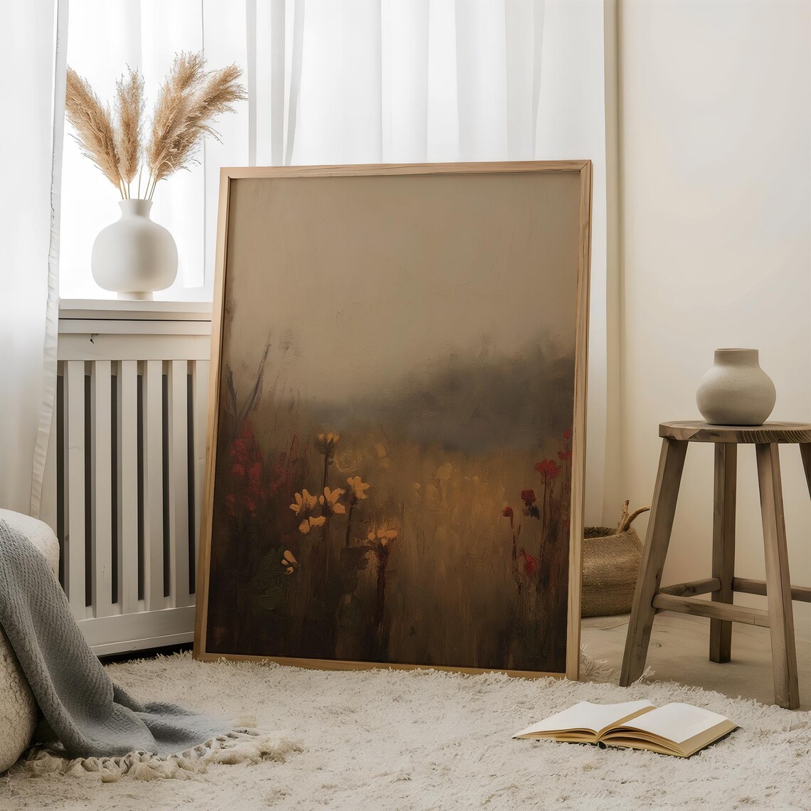 Moody Wildflower Meadow in Mist Dark Botanical Vintage Poster