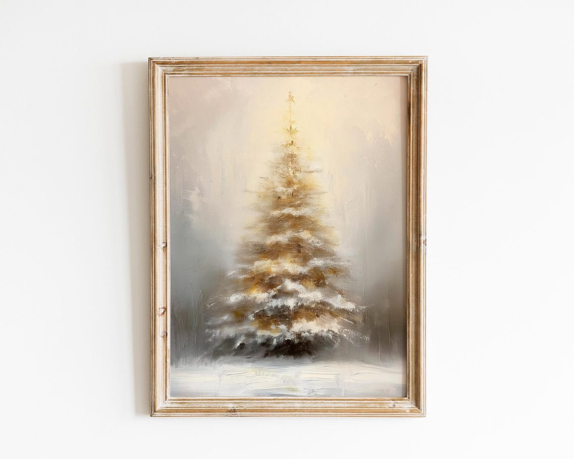 Snowy Golden Christmas Tree Winter Farmhouse Holiday Wall Art