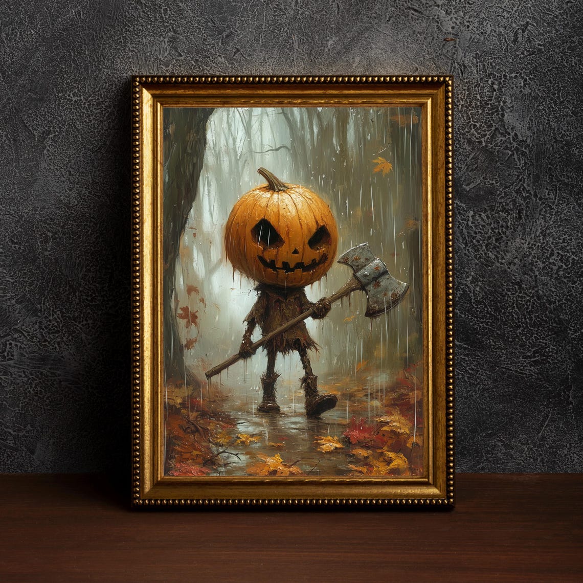 Chibi Pumpkin Boy with Axe in Rainy Forest Halloween Art Poster