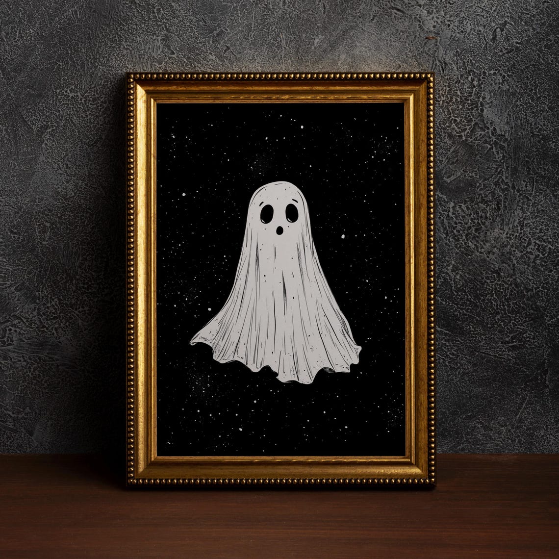 Cute Ghost Line Drawing on Starry Black Night Halloween Wall Art
