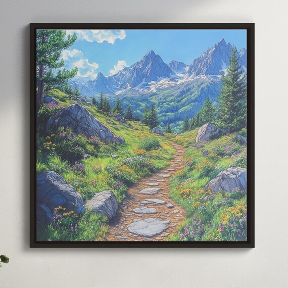 Alpine Hiking Trail Wildflowers Rocky Path Snowy Peaks Art Poster