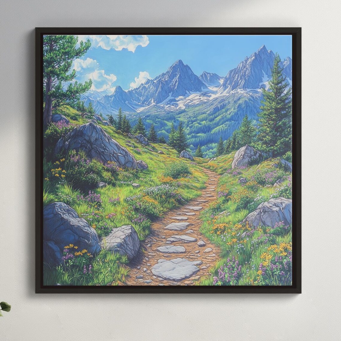 Alpine Hiking Trail Wildflowers Rocky Path Snowy Peaks Art Poster