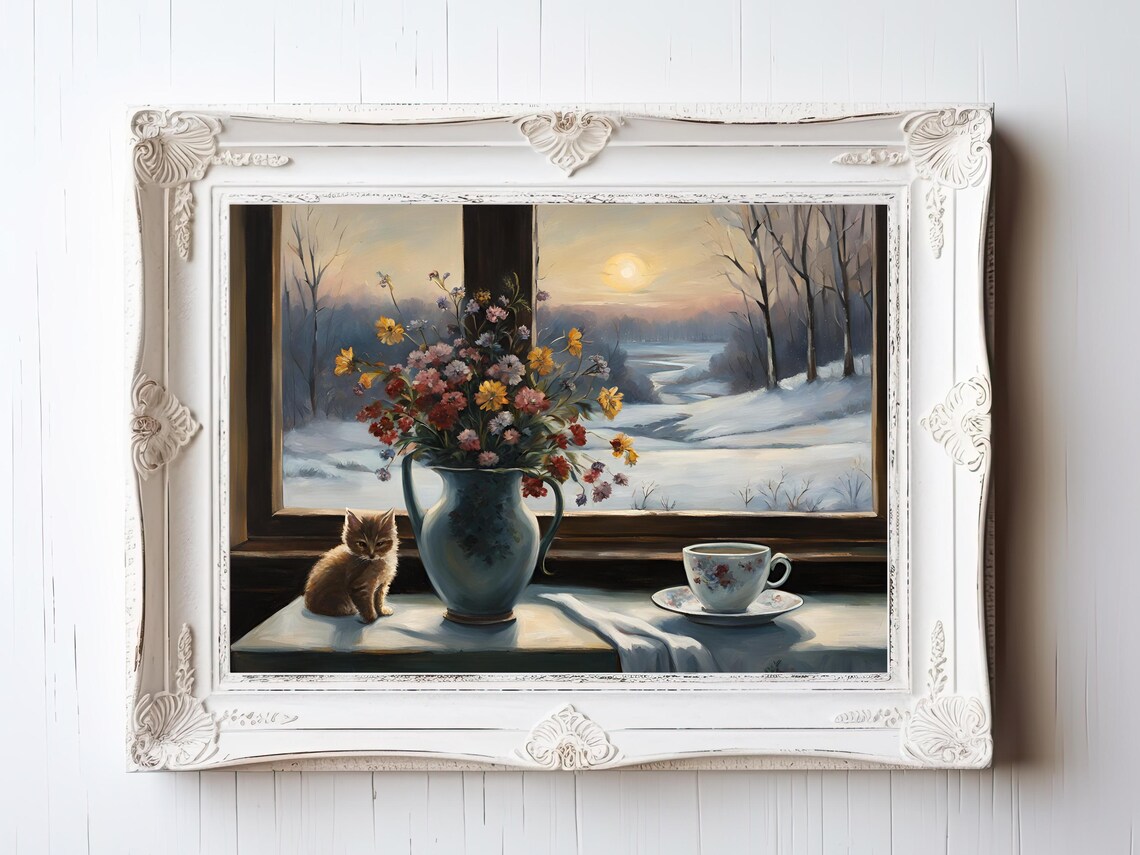 Kitten and Wildflowers on Windowsill Snowy Sunset Vintage Art Print - Image 6