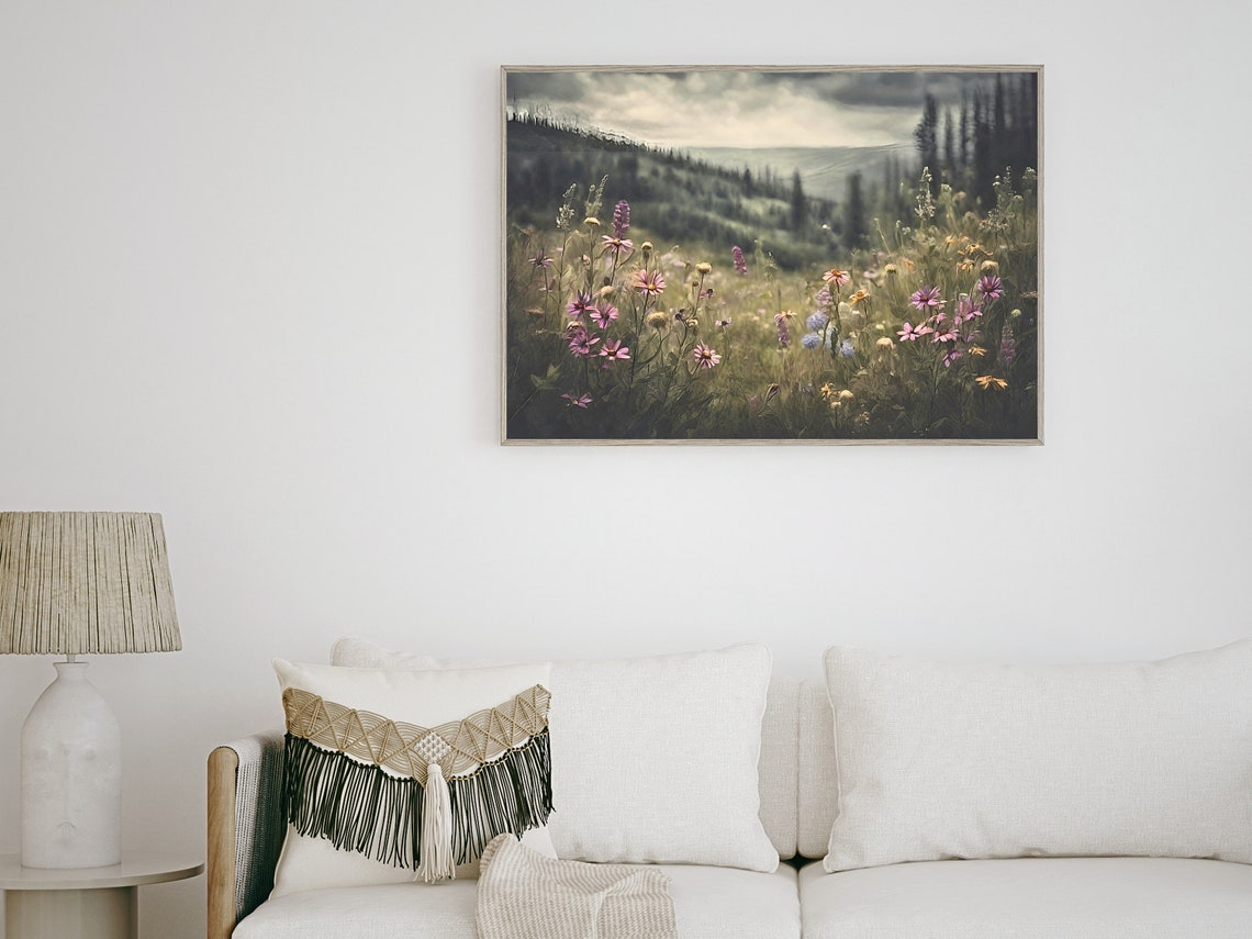 Wildflower Meadow Before Forested Hills Moody Vintage Landscape Print - Image 5