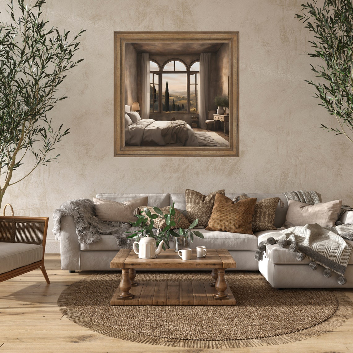 Serene Bedroom with Arched Windows Over Cypress Hills Wall Art - Image 2