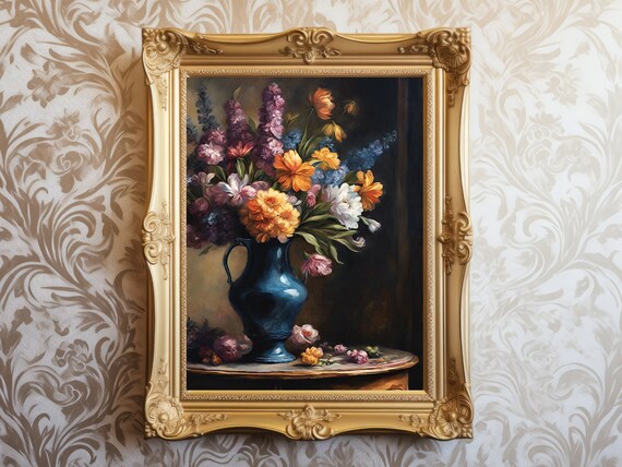Colorful Bouquet in Blue Jug Classic Vintage Floral Still Life Poster