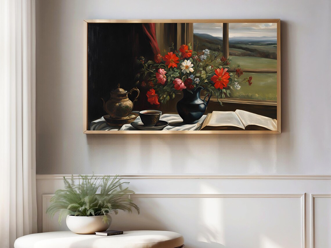 Still Life with Red Flowers Teapot and Open Book Vintage Interior Poster - Image 3
