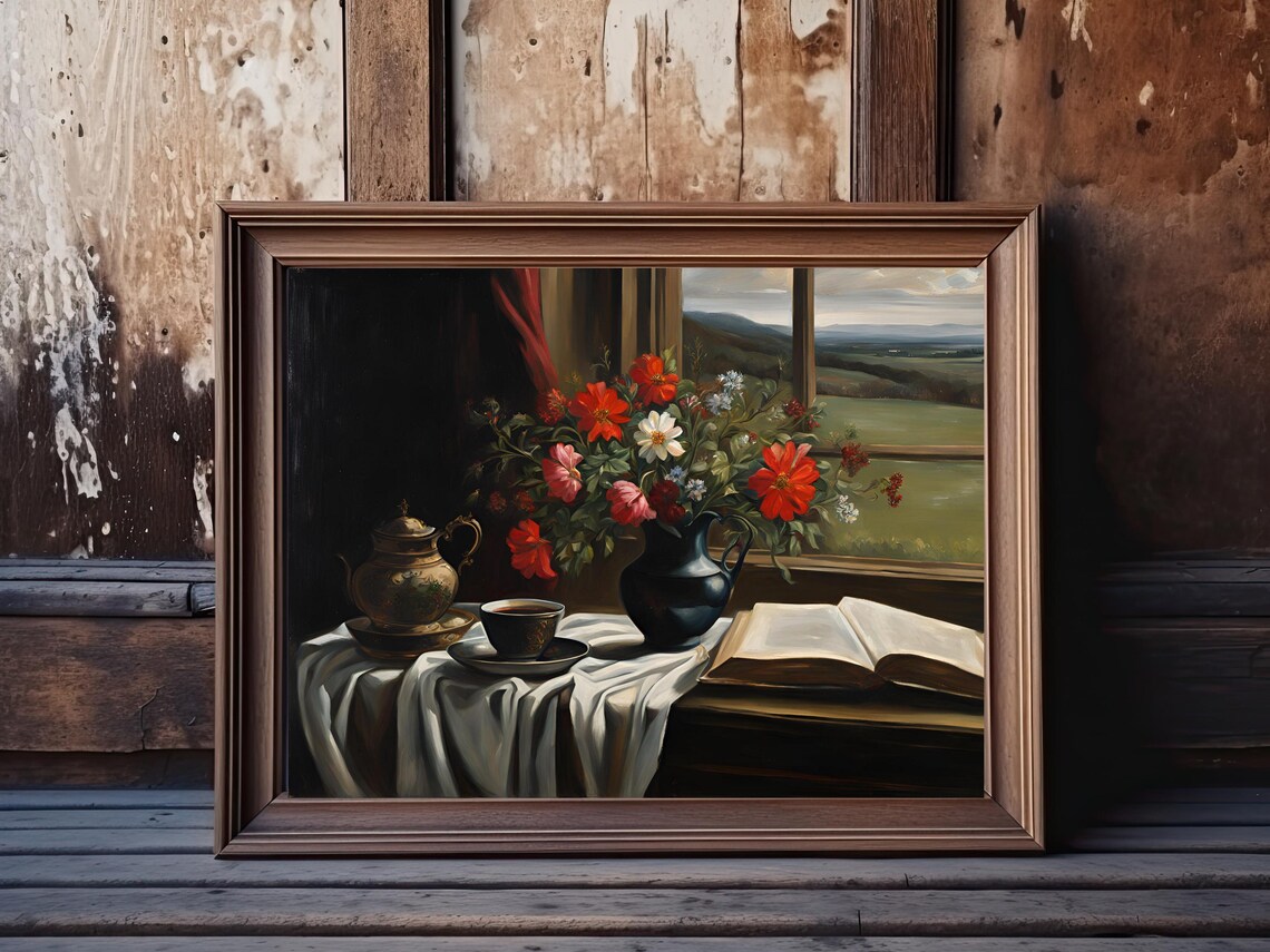 Still Life with Red Flowers Teapot and Open Book Vintage Interior Poster - Image 5
