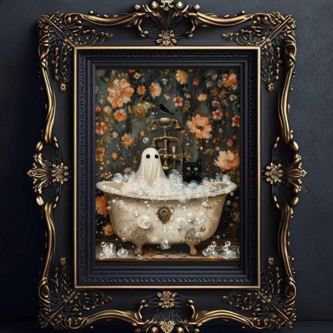 Ghost And Cat In Bathtub Halloween Poster Print
