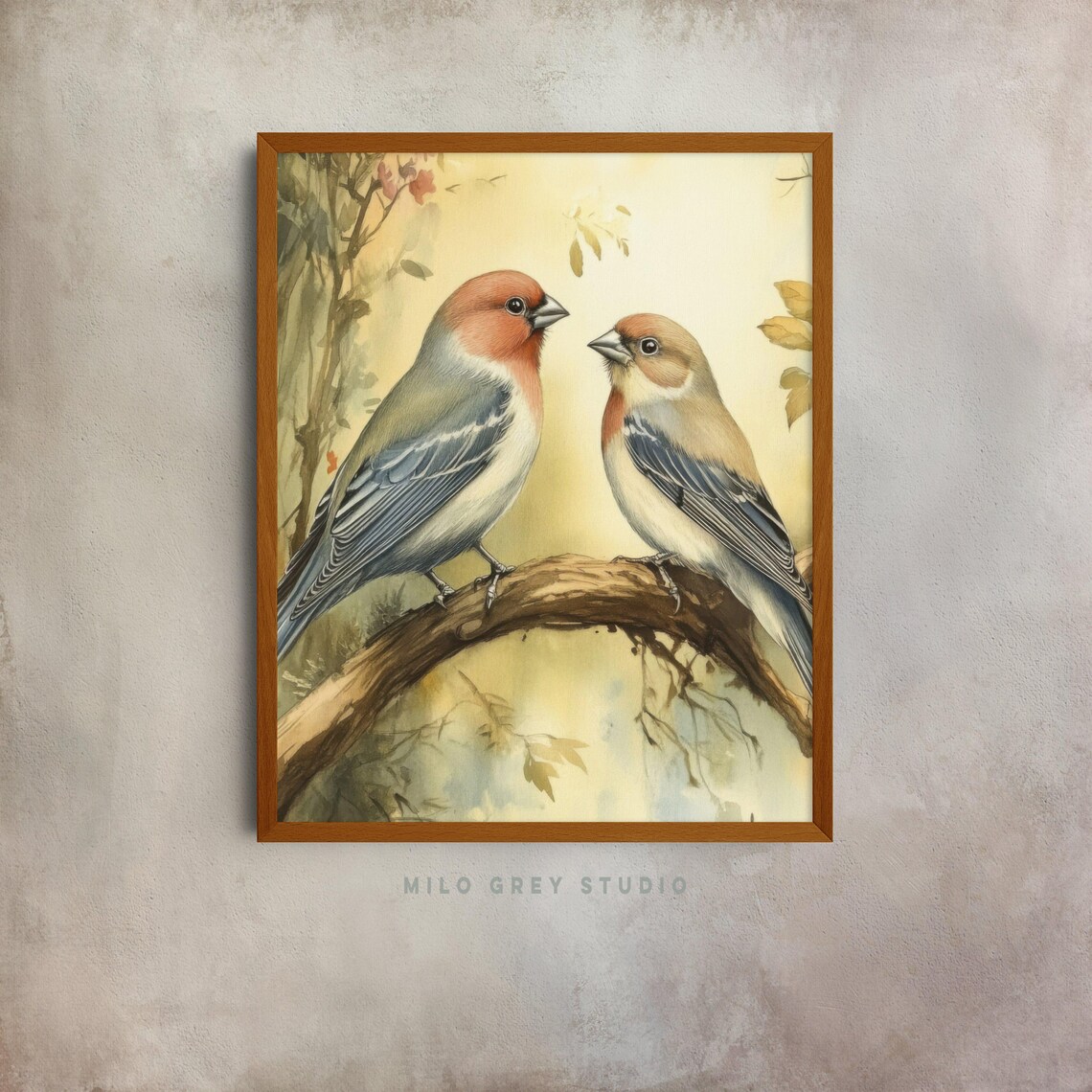 Pair Of Colorful Finches Perched On Branch Watercolor Poster