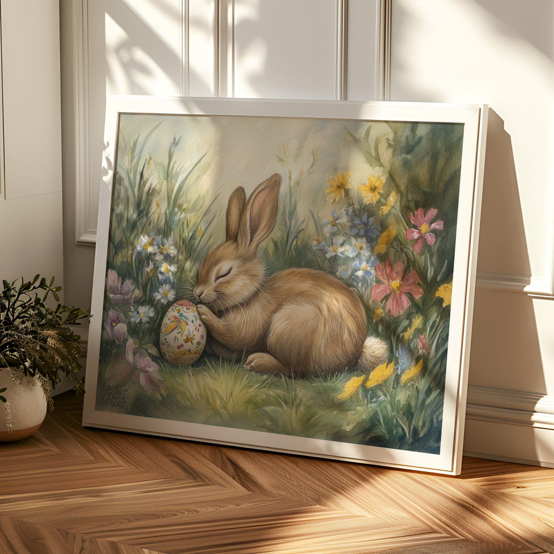 Sleeping Bunny With Painted Easter Egg In Wildflower Meadow Poster - Image 2