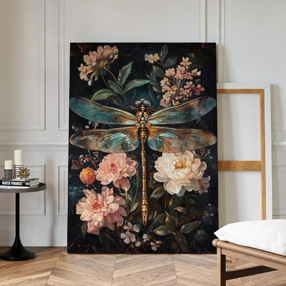 Elegant Dragonfly And Floral Art Print Nature Inspired Wall Decor Intricate Botanical Artwork With Golden Dragonfly Details