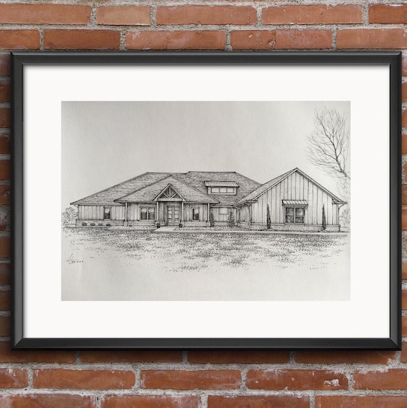 Hand Drawn Ranch Style House Portrait Ink Sketch Custom Home Wall Art