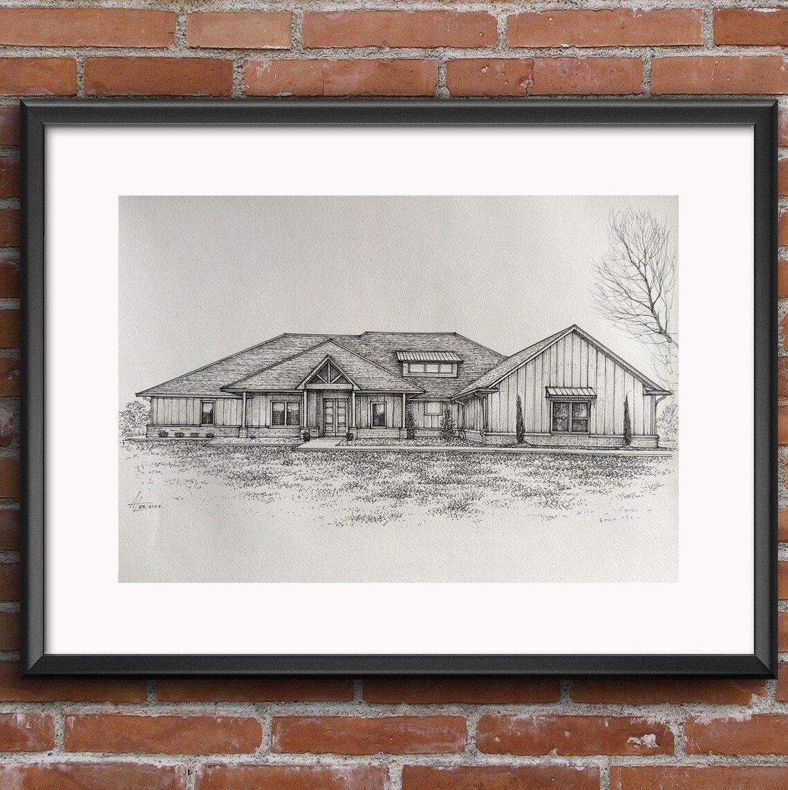 Hand Drawn Ranch Style House Portrait Ink Sketch Custom Home Wall Art