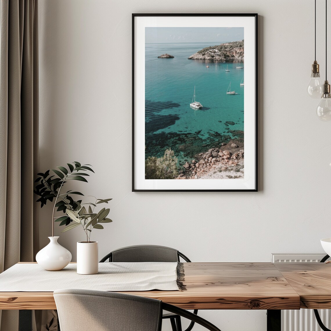 Ibiza Spain Turquoise Cove Sailboats Rocky Coastline Travel Poster - Image 2