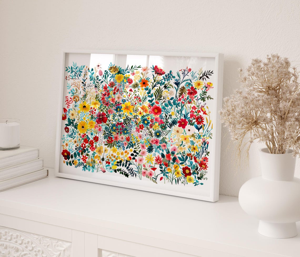 Watercolor Painting Of A Colorful Flower Garden Wall Art Bright Colors Field Of Flowers Landscape Art Pastel Flowers - Image 2