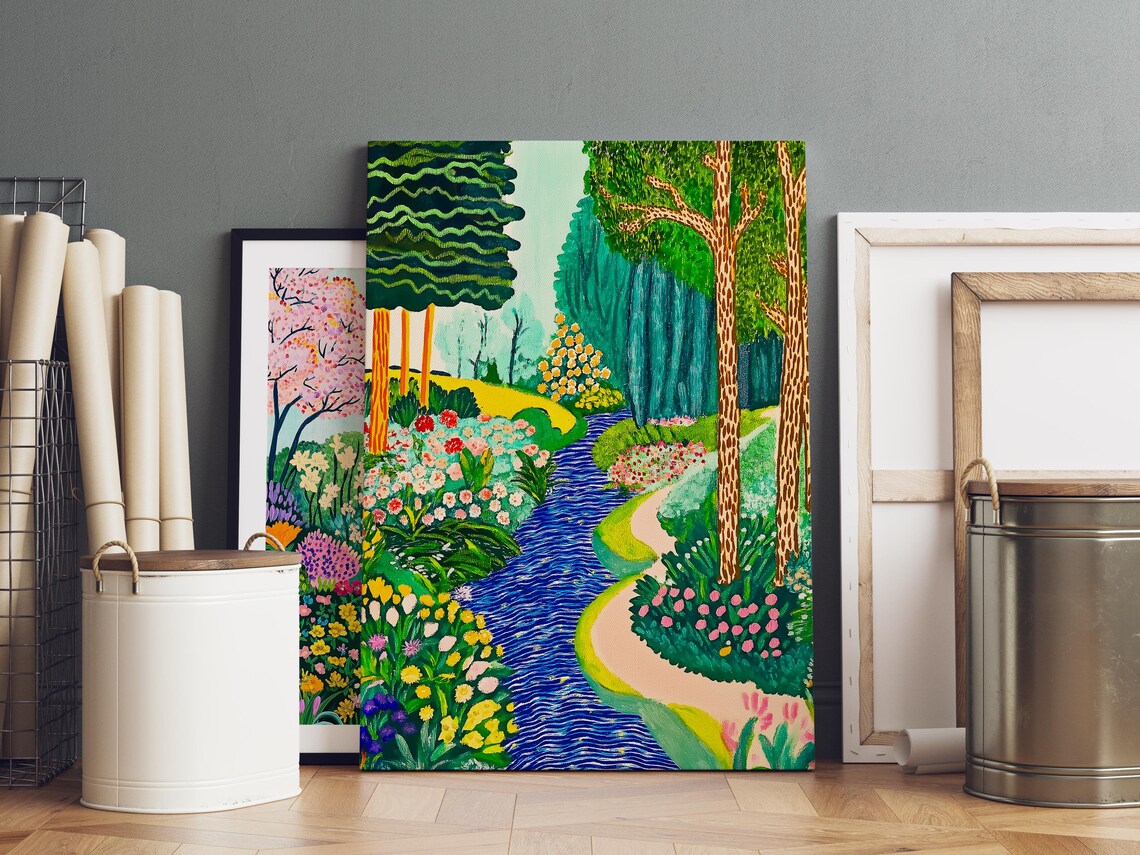 Colorful Naive Garden Stream Landscape Painting Folk Style Art Poster - Image 2