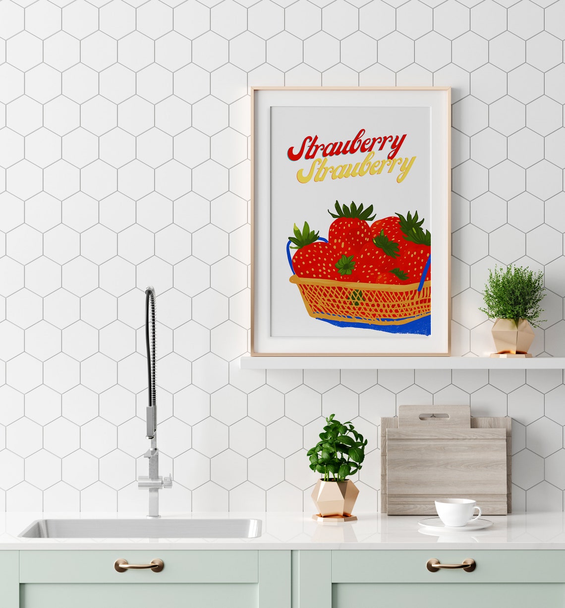 Whimsical Double Strawberry Basket Retro Fruit Kitchen Script Poster - Image 2
