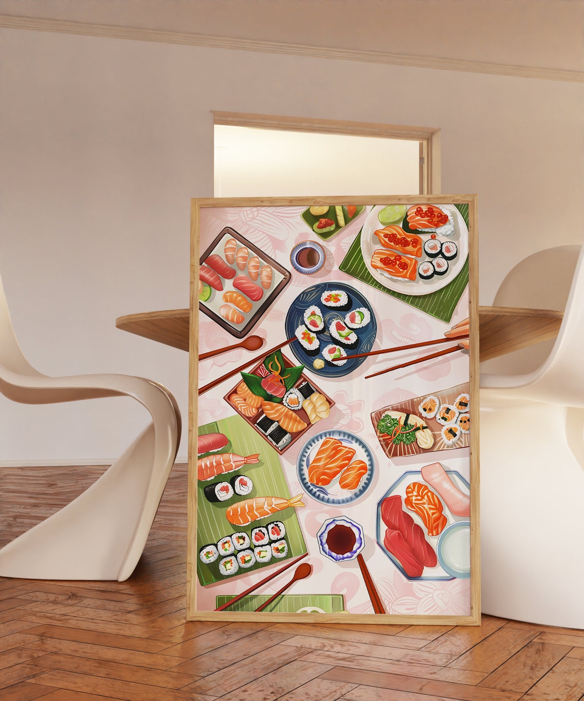 Colorful Sushi Platters Flat Lay Kitchen Illustration Poster