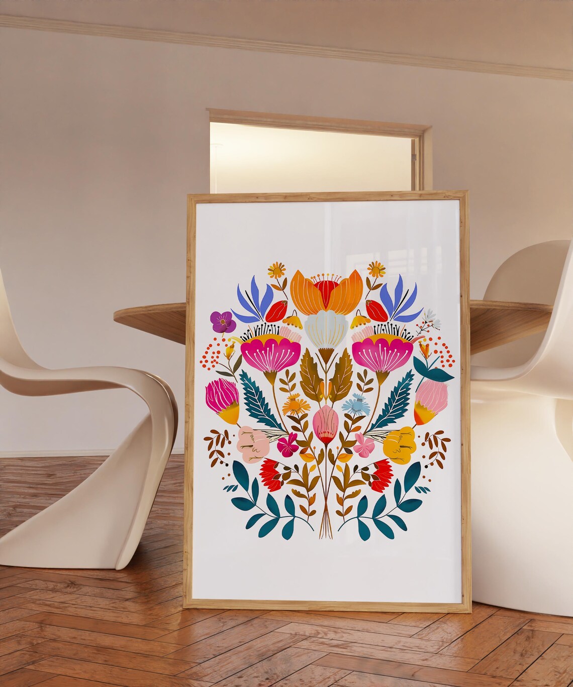Scandinavian Folk Art Colorful Flower Bouquet Heart Motif Print