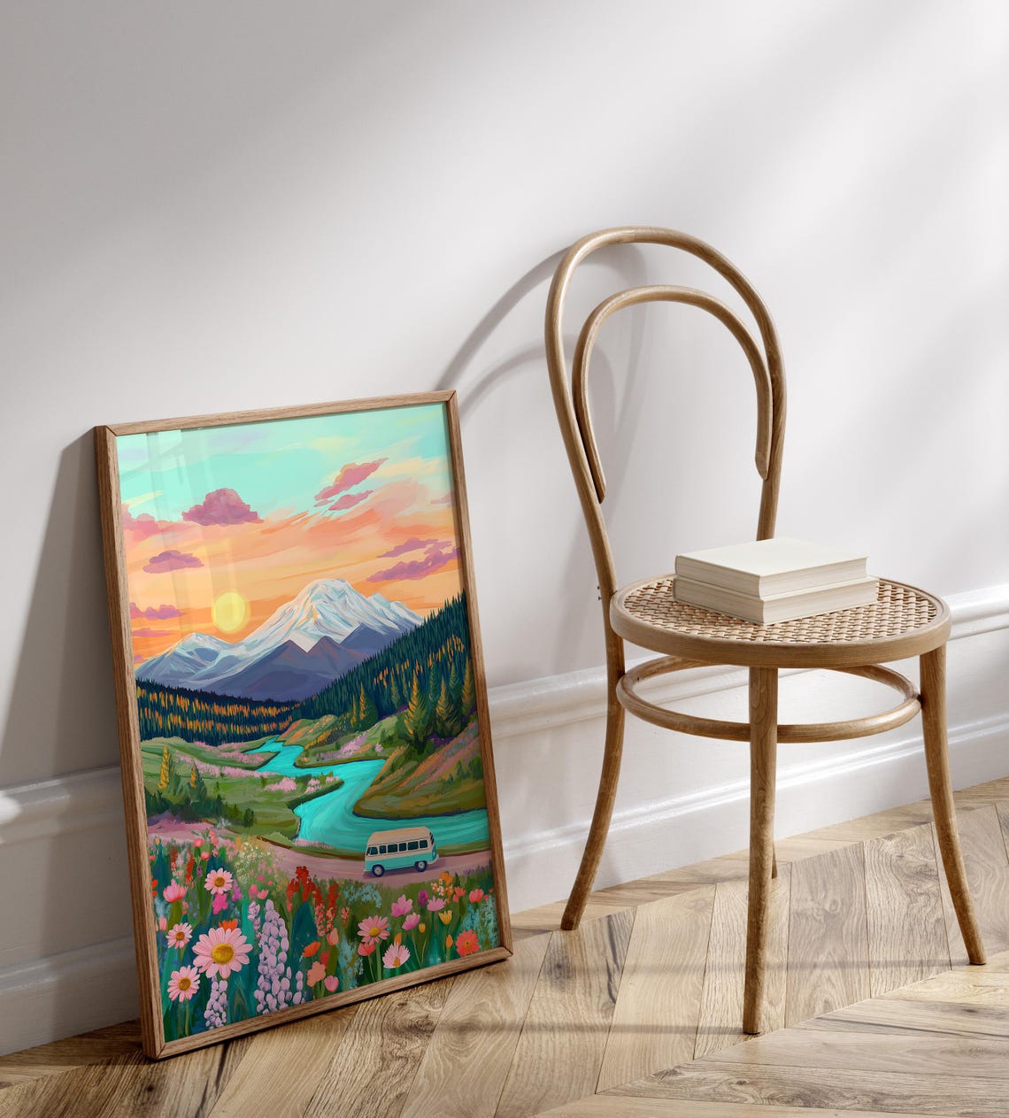Abstract Mountain Wildflower Valley Camper Van Sunset Art Poster - Image 3