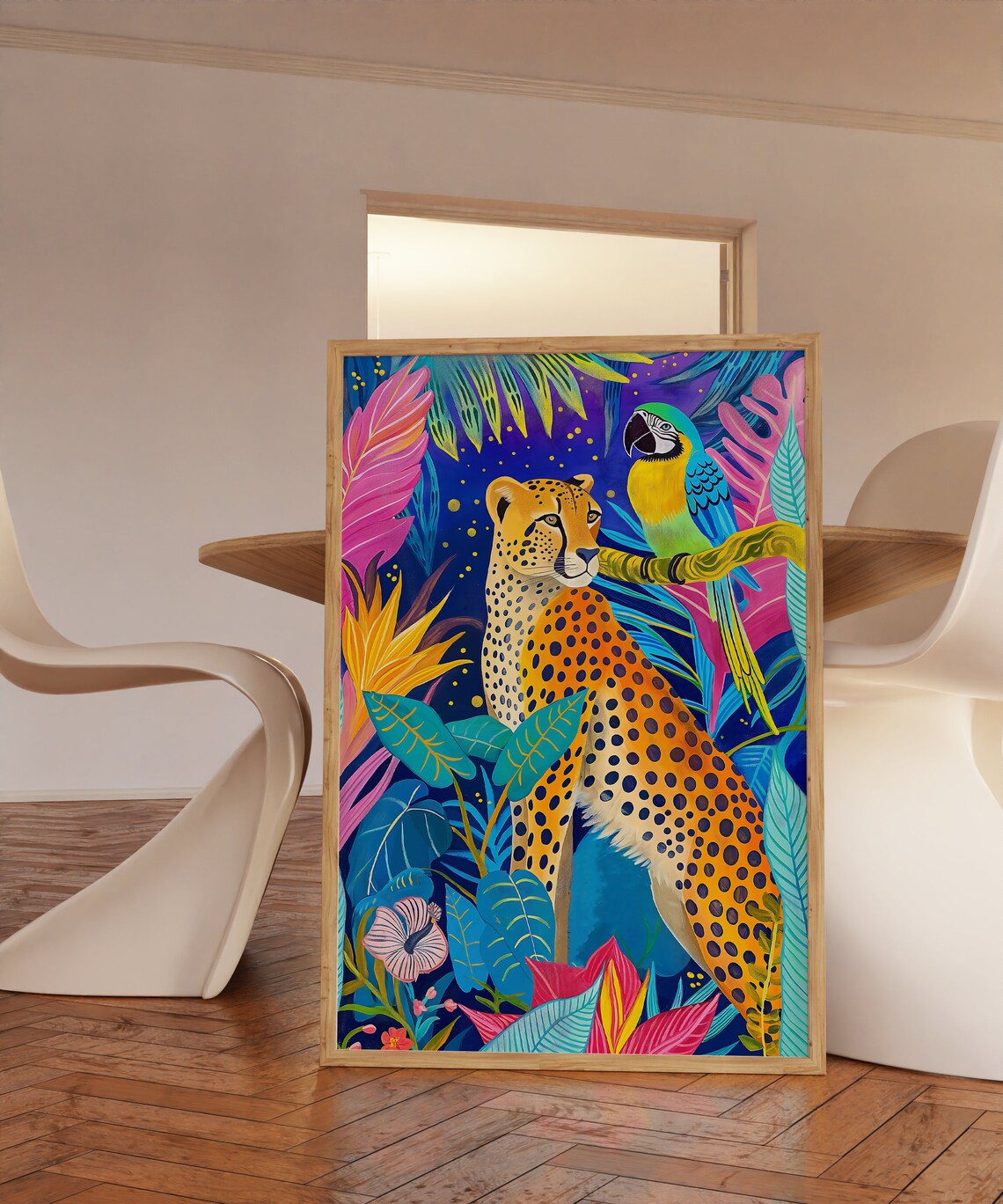 Cheetah and Parrot Tropical Jungle Neon Leaves Wildlife Poster - Image 2