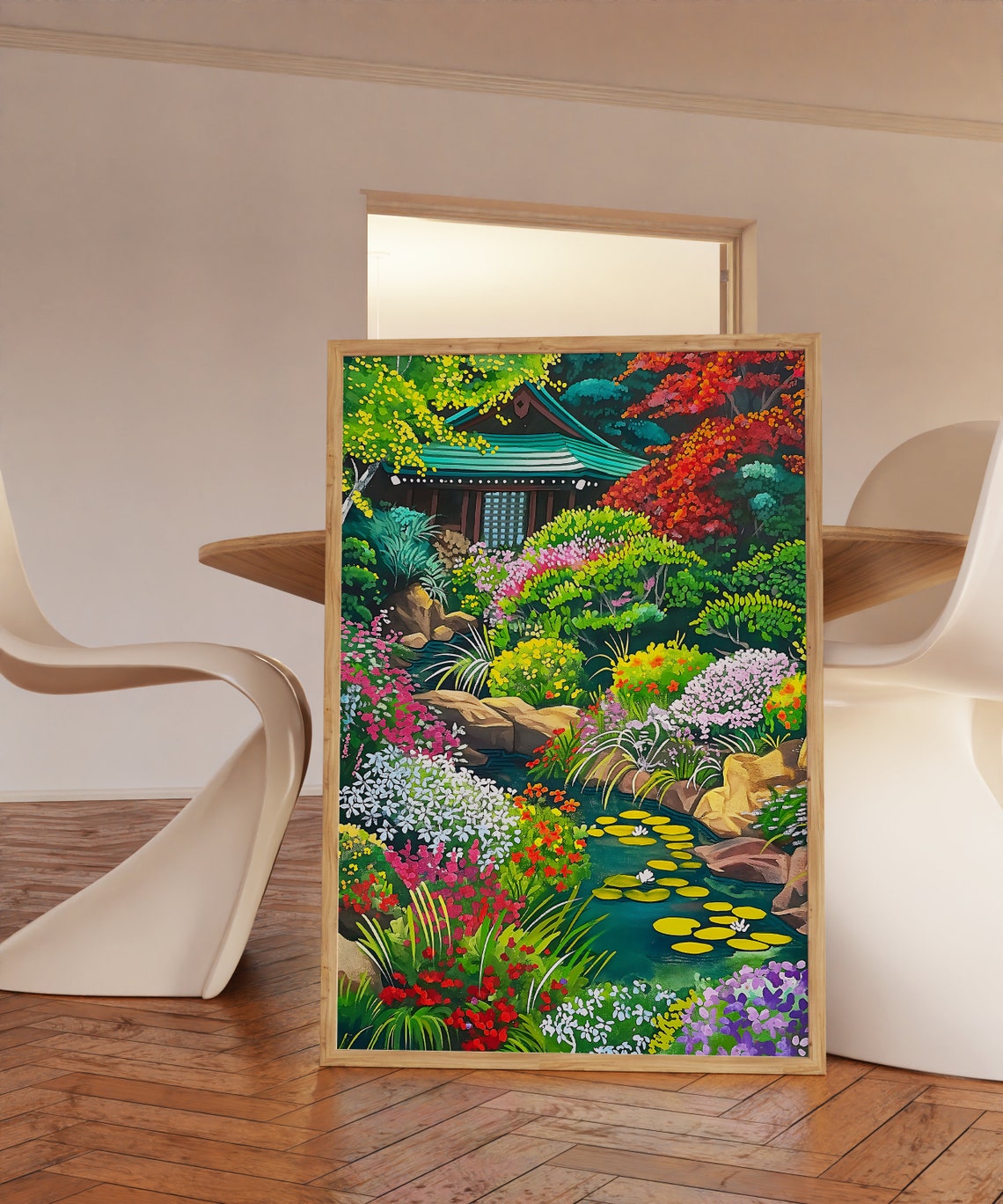 Japanese Garden Temple Floral Illustration Vibrant Spring Poster - Image 3