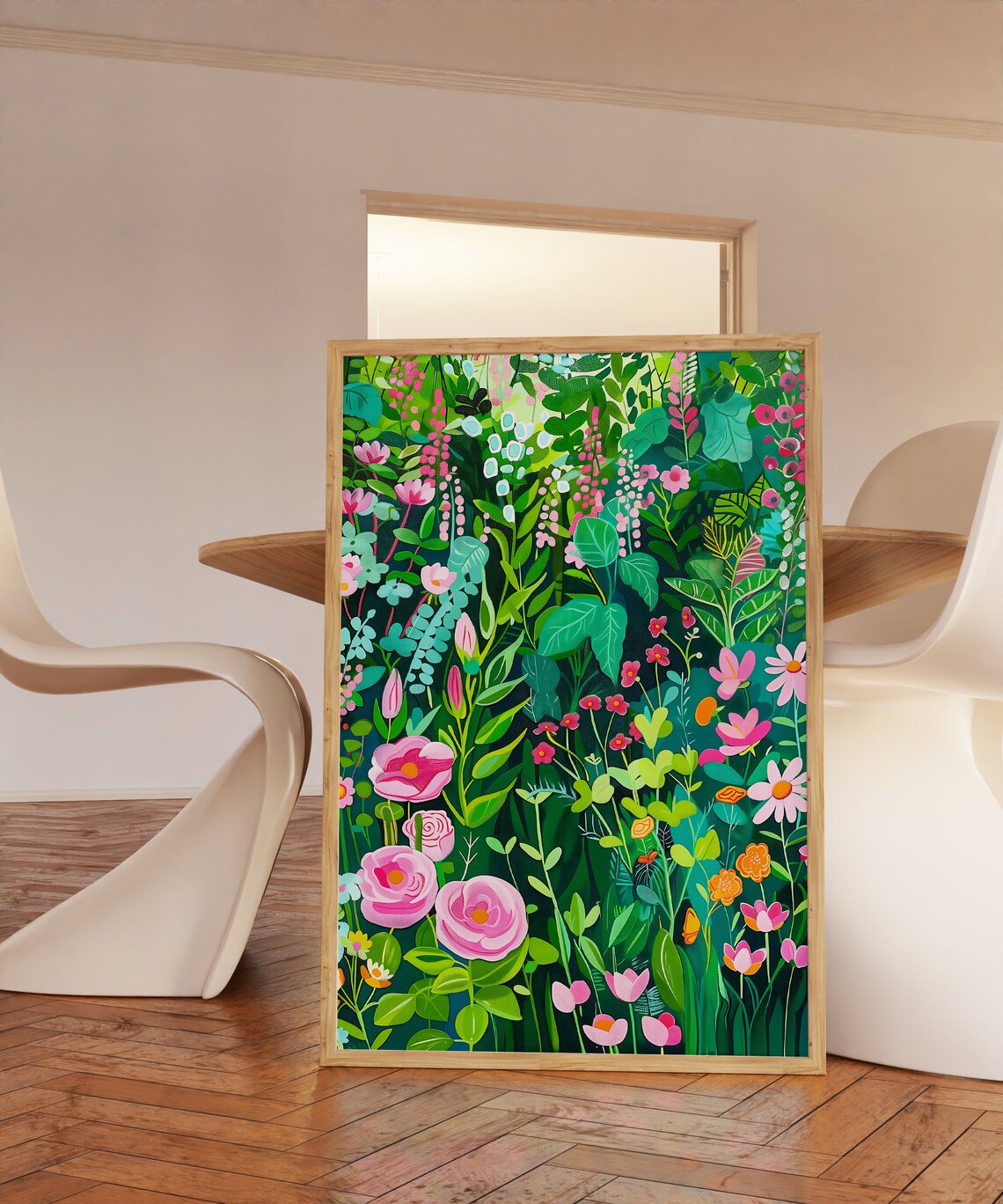Lush Pink Floral Garden Painting With Dark Green Leaves Poster - Image 3