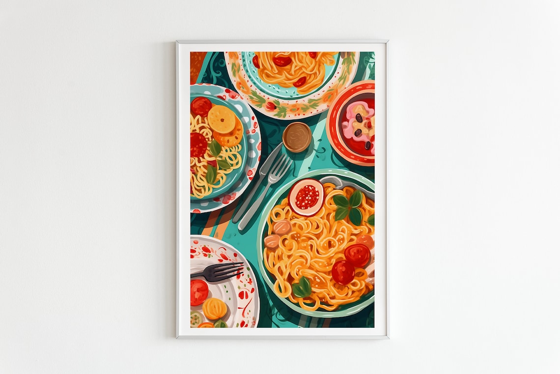 Italian Pasta Dinner Table Spaghetti Bowls Colorful Food Print