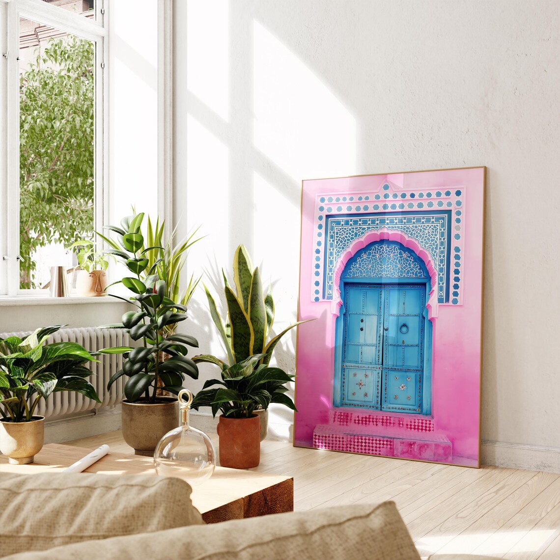 Moroccan Blue Door On A Pink Wall Moorish Arch Travel Art Print - Image 2