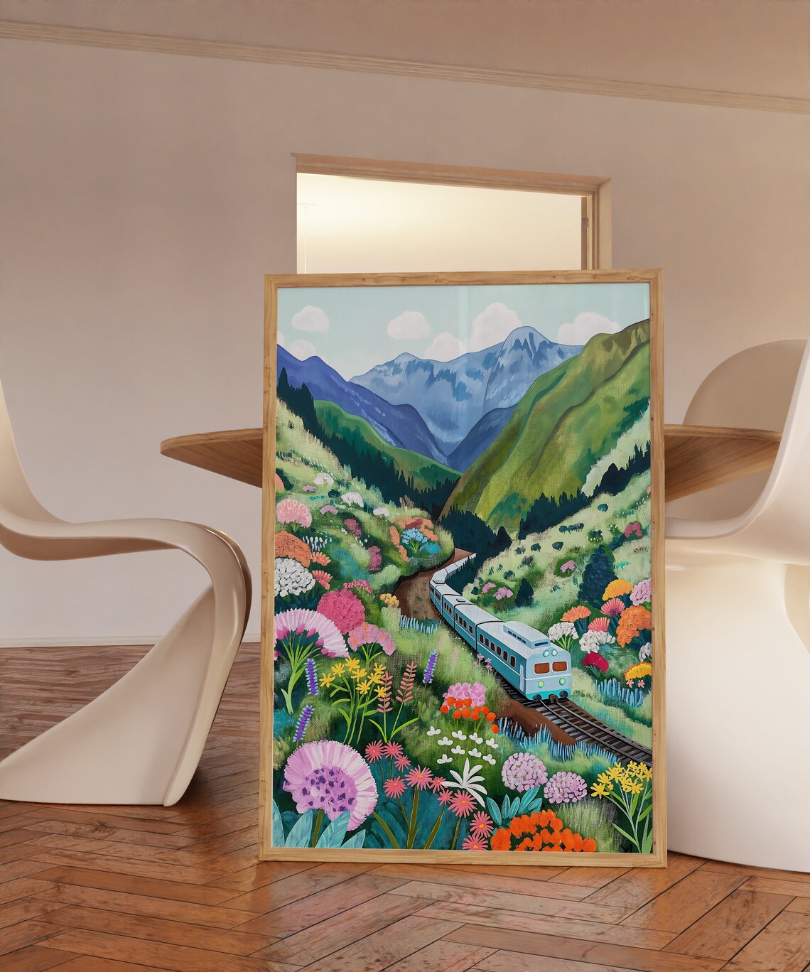 Train Traveling Through Wildflower Valley Mountain Art Print - Image 3