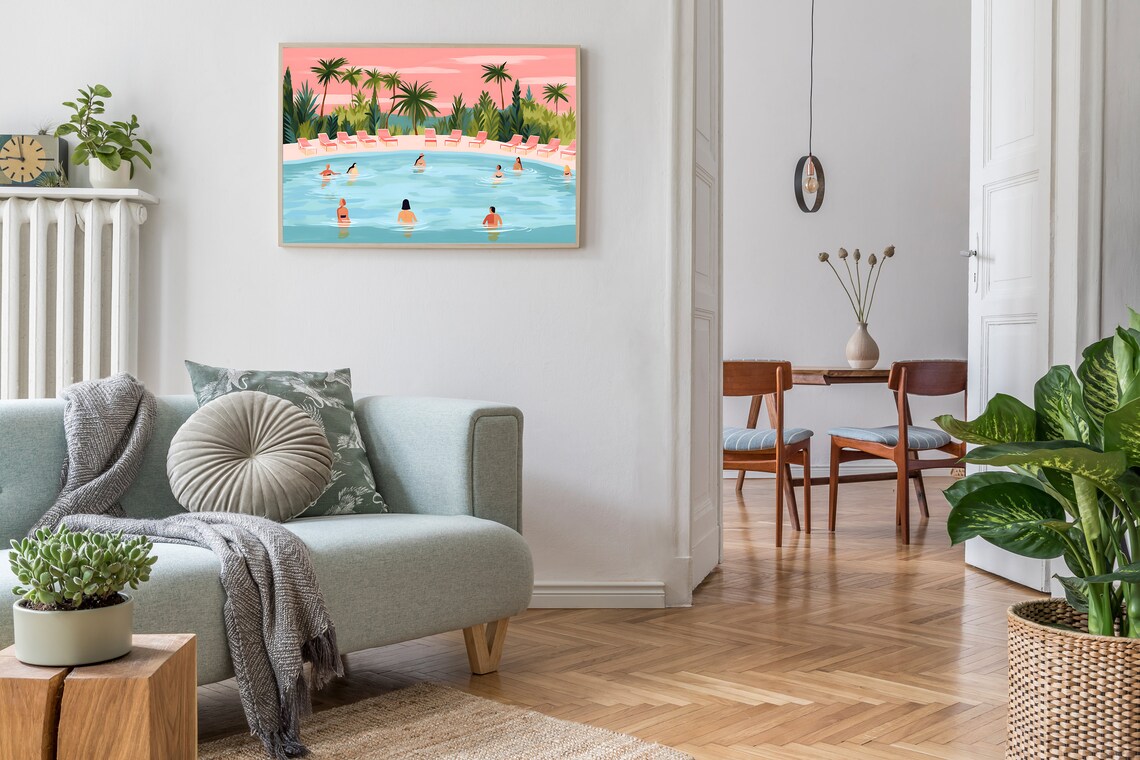Pink Swimming Pool Poster, Botanical Tropical Summer - Image 2