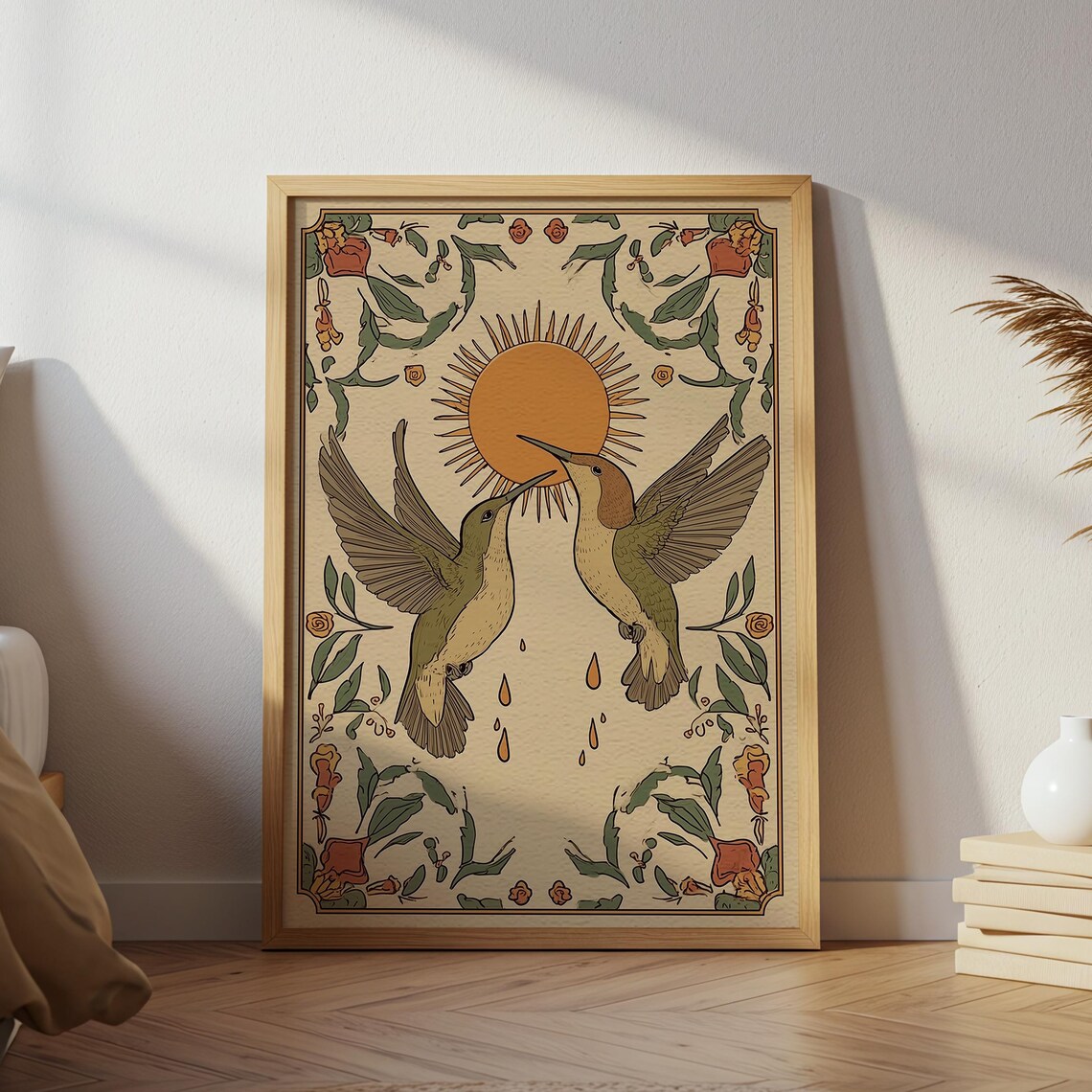 Two Hummingbirds Boho Sun Folk Art Vintage Bird Illustration Poster