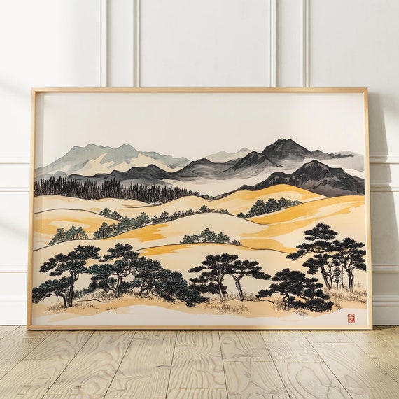 Japanese Yellow Fields Japandi Art Wall Wabi Sabi Above King Bed Decor