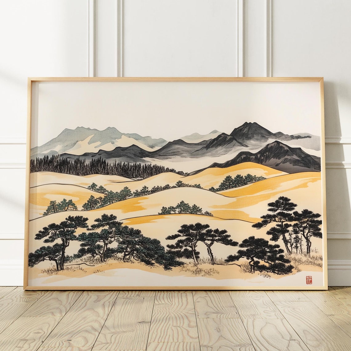 Japanese Golden Fields Ink Landscape Pine Hills Japandi Poster