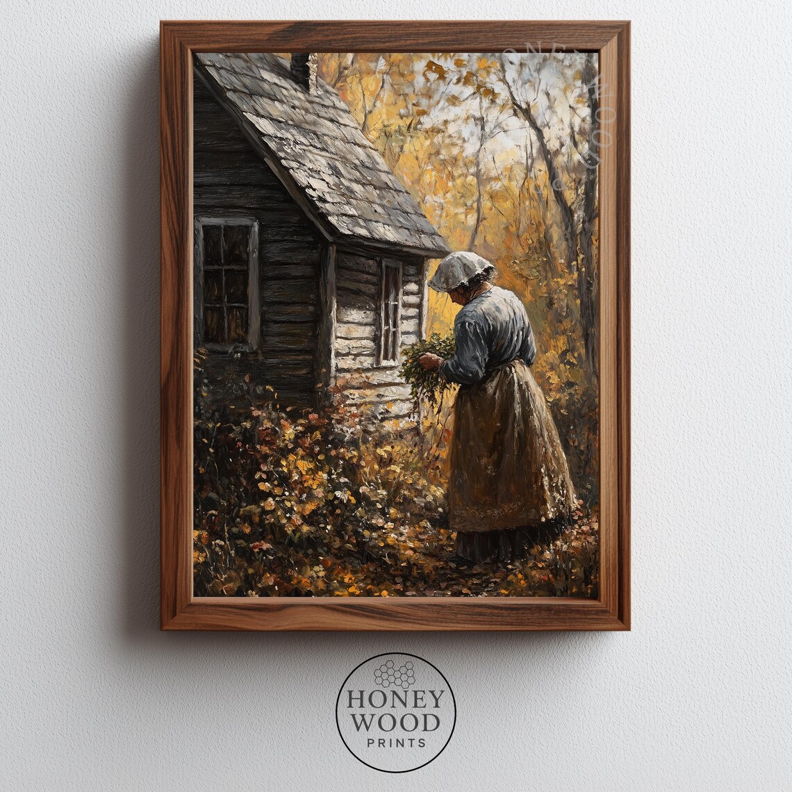 Pilgrim Woman Gathering Herbs at Log Cabin Autumn Oil Painting Poster
