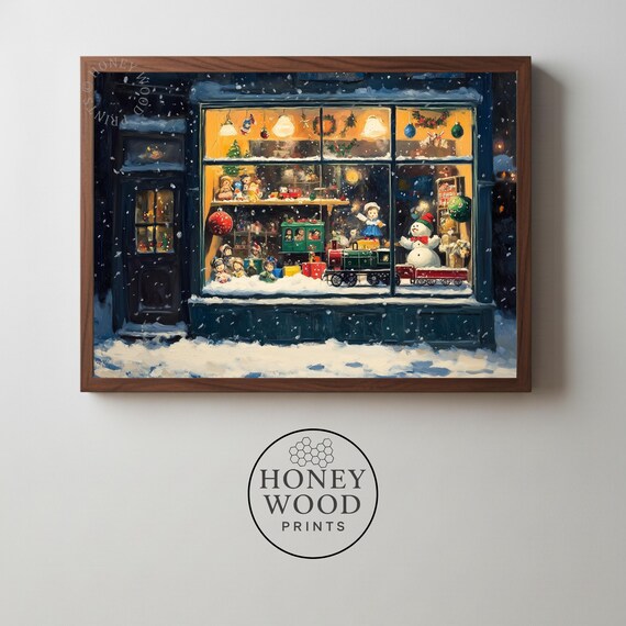 Christmas Toy Shop Window Snowy Night Vintage Holiday Scene Poster