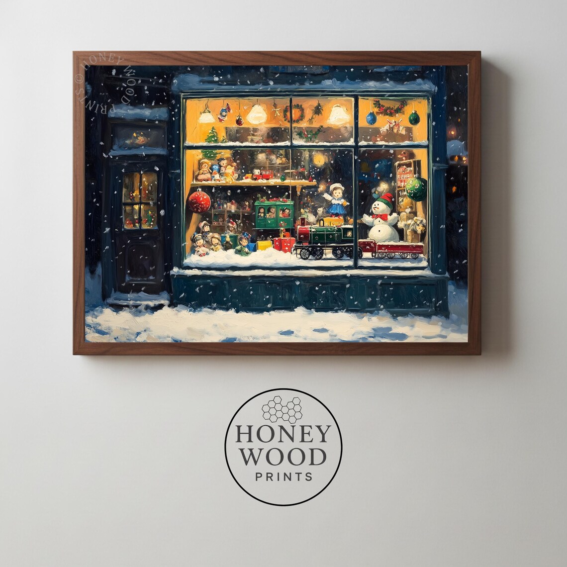 Christmas Toy Shop Window Snowy Night Vintage Holiday Scene Poster