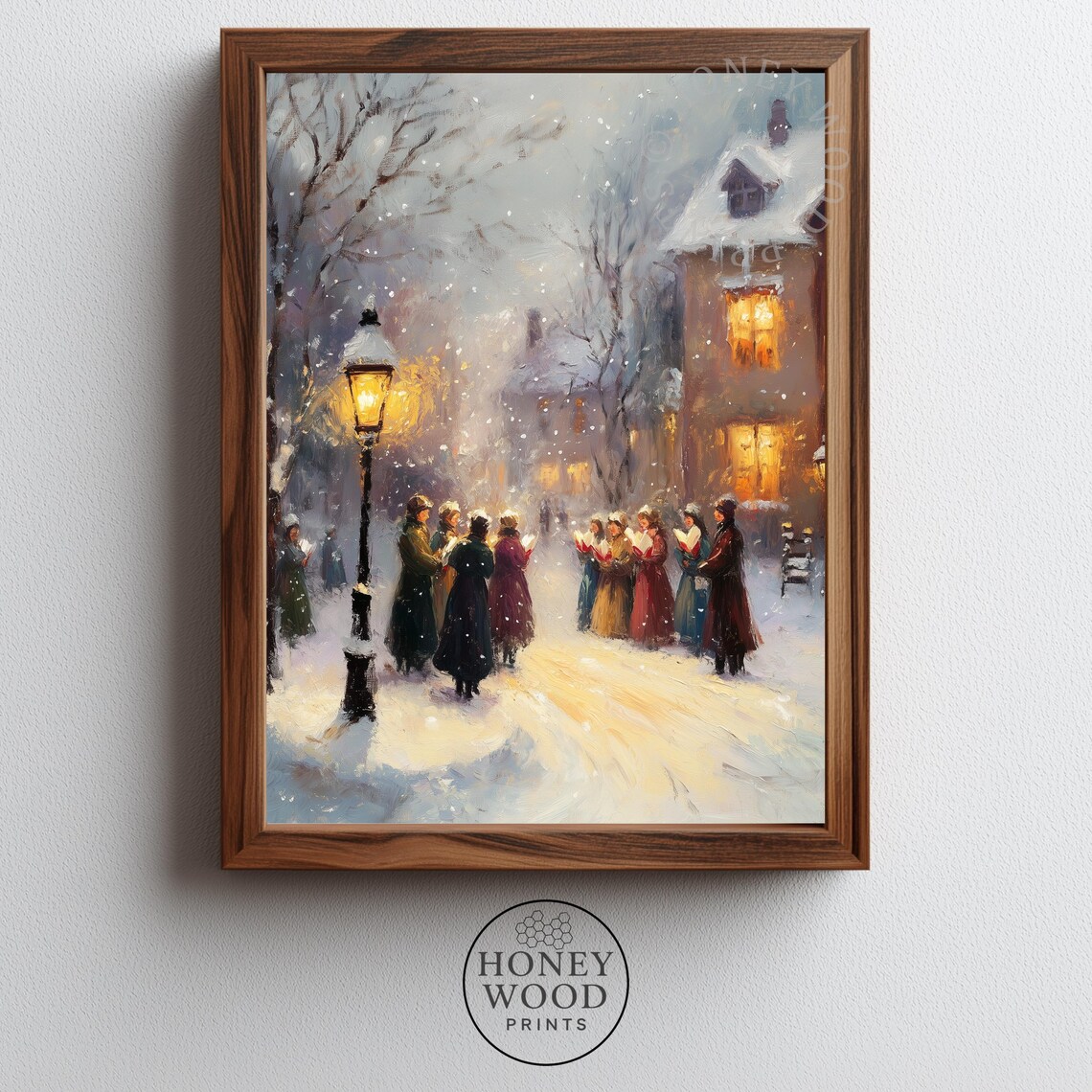 Vintage Christmas Carolers Snowy Gaslight Street Scene Wall Art