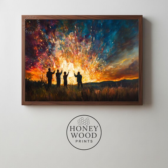 Summer Fireworks Celebration Print Festive Night Wall Art Painterly Friends Under Moody Sky Rustic Sunset Landscape Decor 134