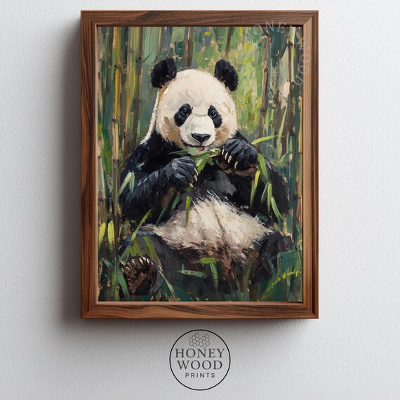 Panda and Bamboo Cute Nursery Decor Cozy Wildlife Painting Wall Art