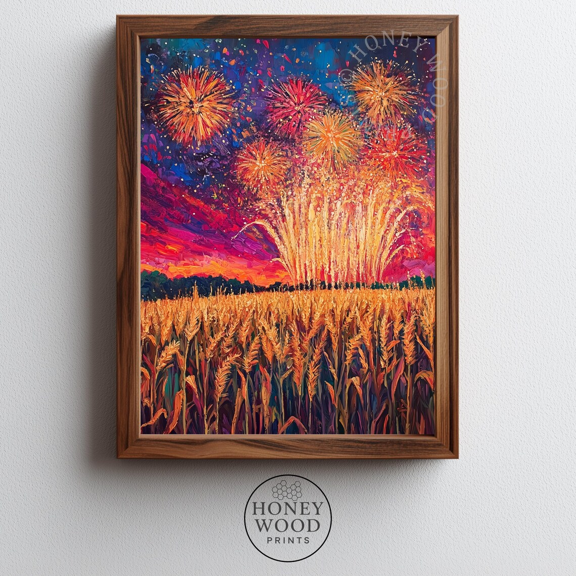 Fireworks Over Golden Cornfield Night Sky Festive Art Poster