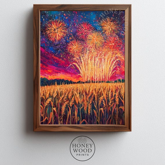Rustic Fireworks Over Cornfield Dramatic Night Sky Painting Vivid Summer Wall Art Farmhouse Style Festive 137