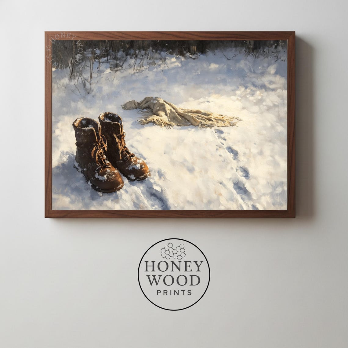 Winter Boots Scarf in Snow Rustic Still Life Oil Painting Art Poster