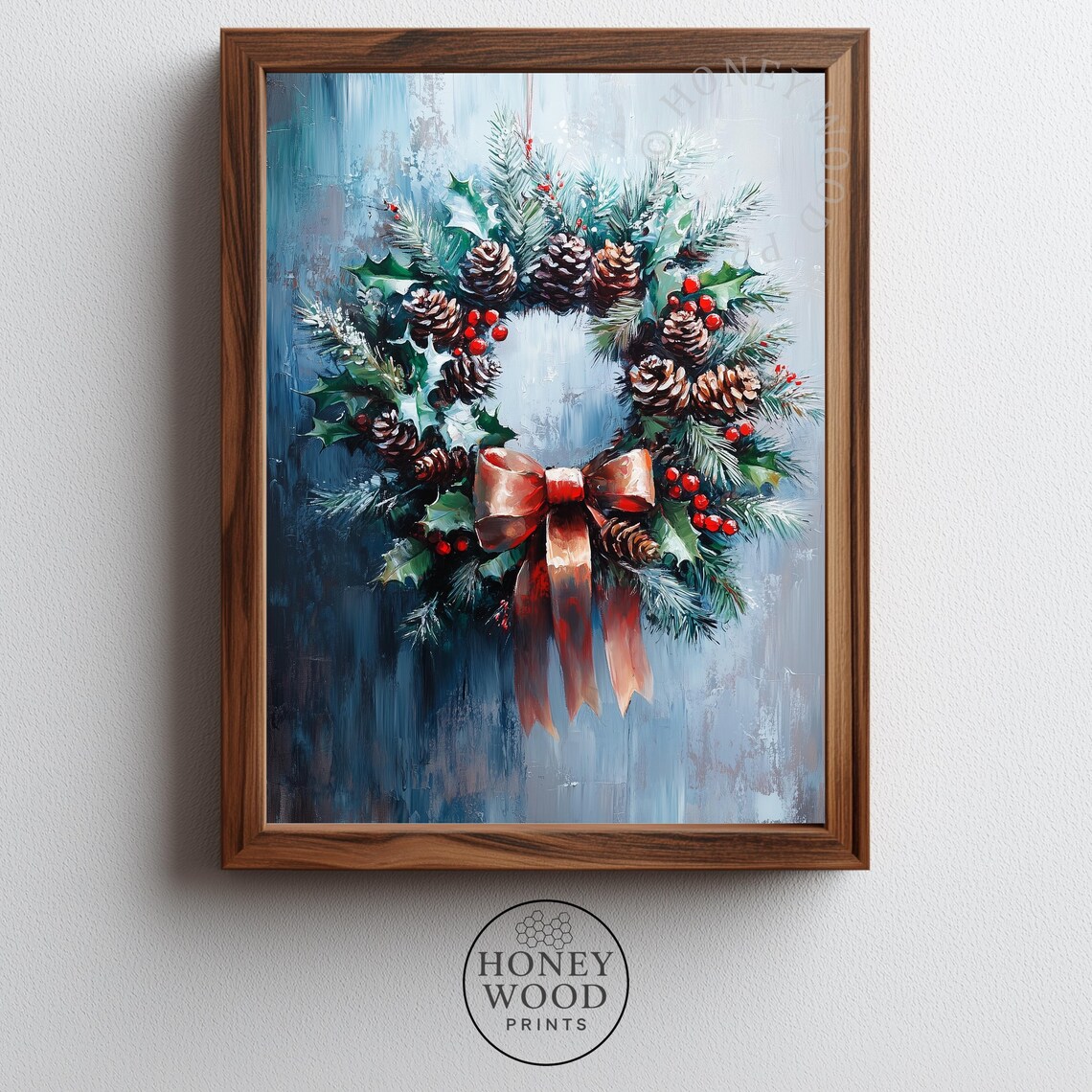 Christmas Wreath with Pinecones and Berries Holiday Art Poster