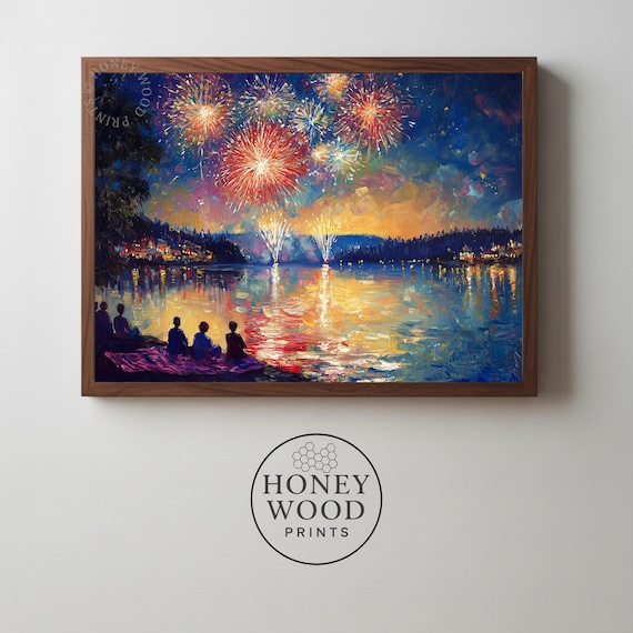 Festive Fireworks Over Lakeside Town Moody Nightscape Romantic Impressions Cozy Reflections Painting 133