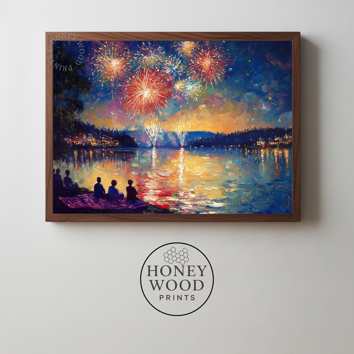 Lakeside Fireworks Night Oil Painting Reflections Celebration Poster