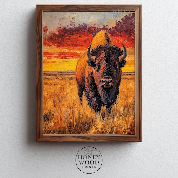 Moody Bison In Windswept Prairie Rustic Landscape Wall Art Western Wildlife Decor Dramatic Sunset 23