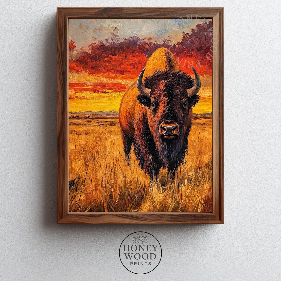 Moody Bison in Windswept Prairie Rustic Landscape Wildlife Wall Art