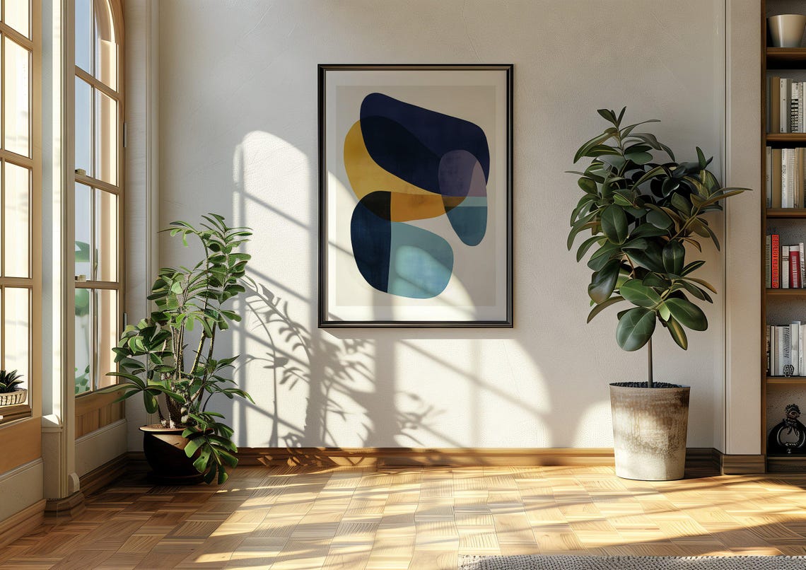 Abstract Navy Blue and Mustard Yellow Interlocking Shapes Poster - Image 2